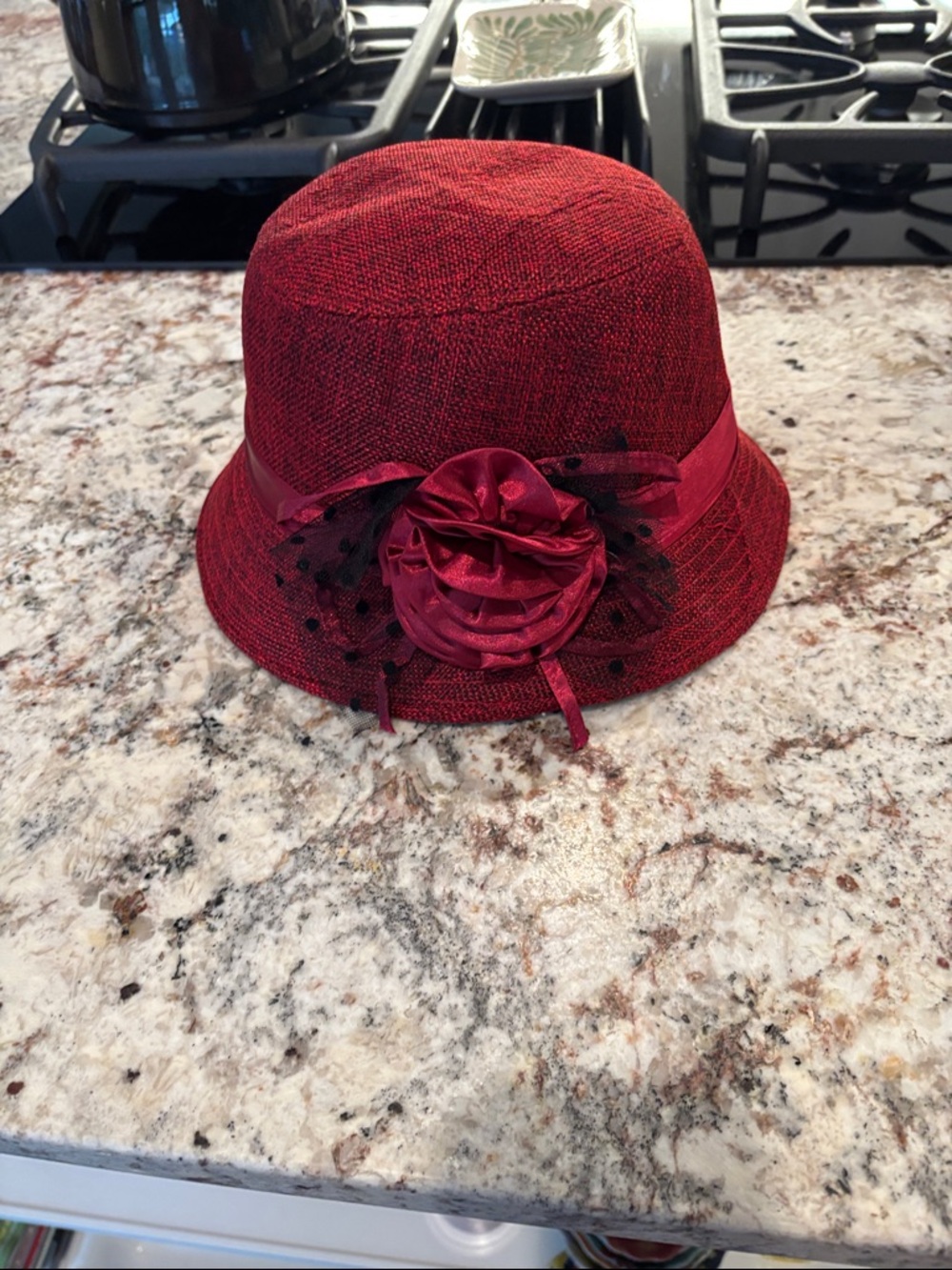 Red Floral Accent Cloche Hat